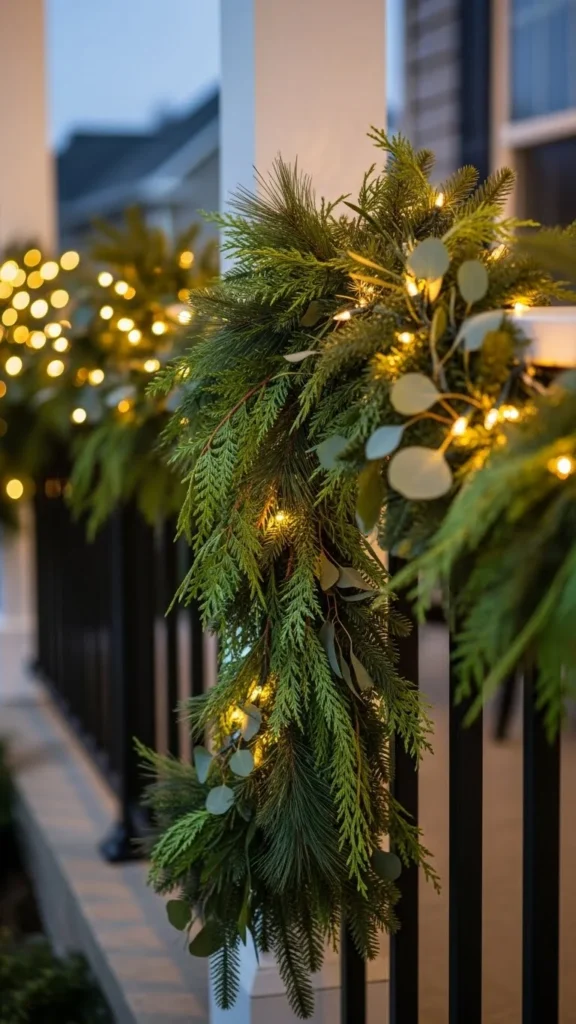 A Porch Railing Wrapped With Soft Garland