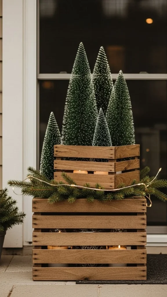 A Wooden Crate Display With Mini Trees