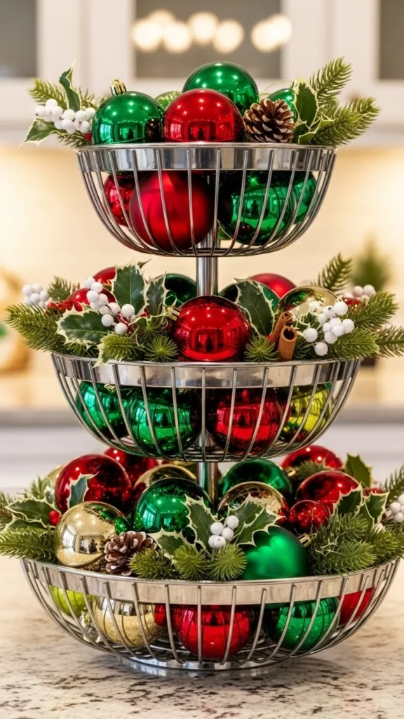 Hang Ornaments on a Tiered Fruit Basket