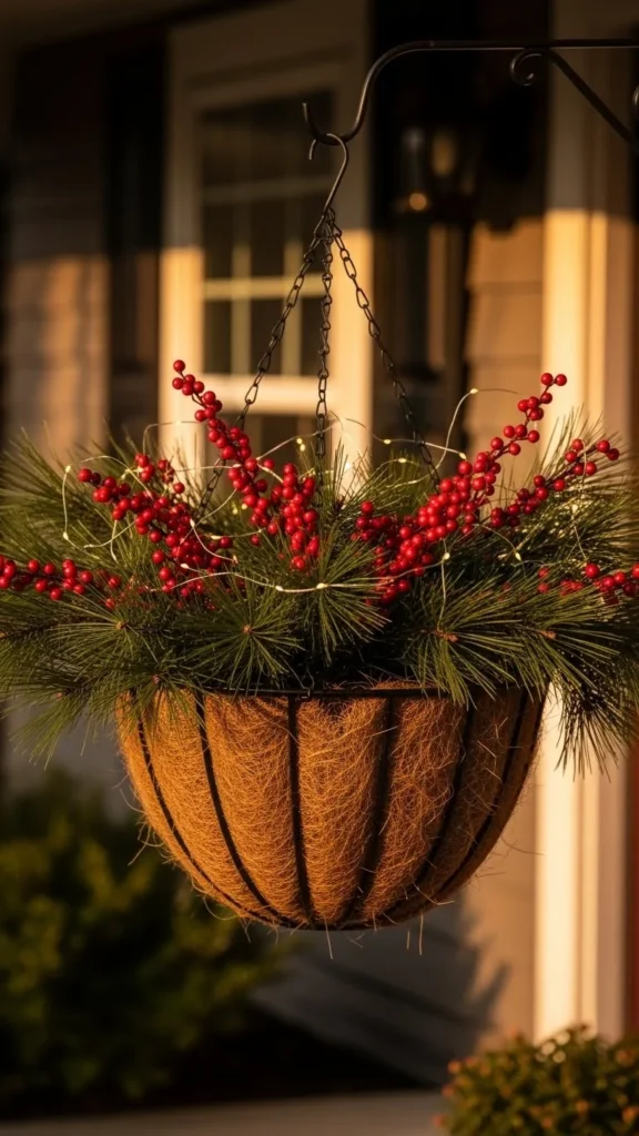 Hanging Baskets Filled With Winter Greenery