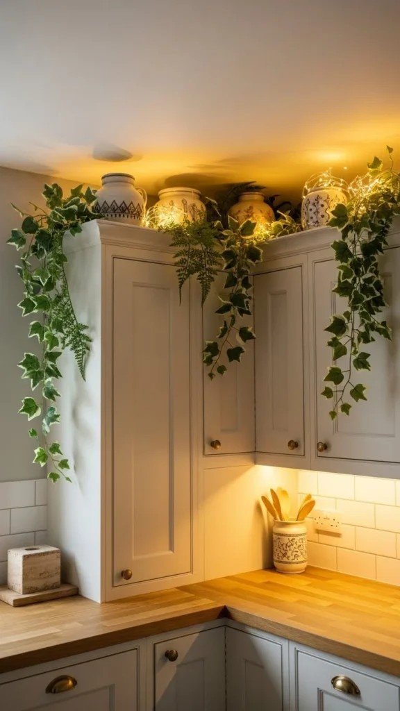 Layer Faux Greenery on Top of Cabinets