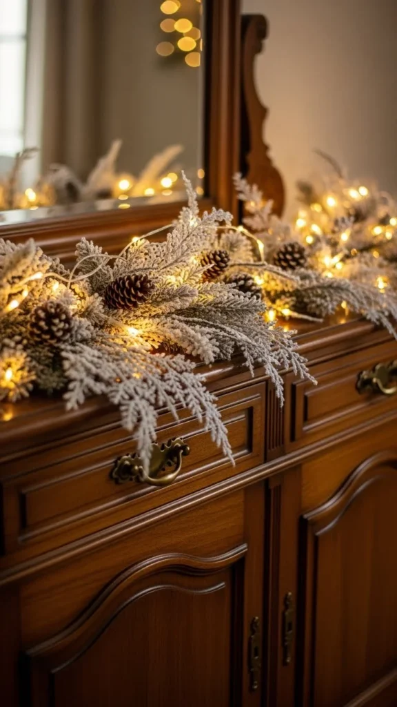 Snowy Faux Garland Across the Dresser