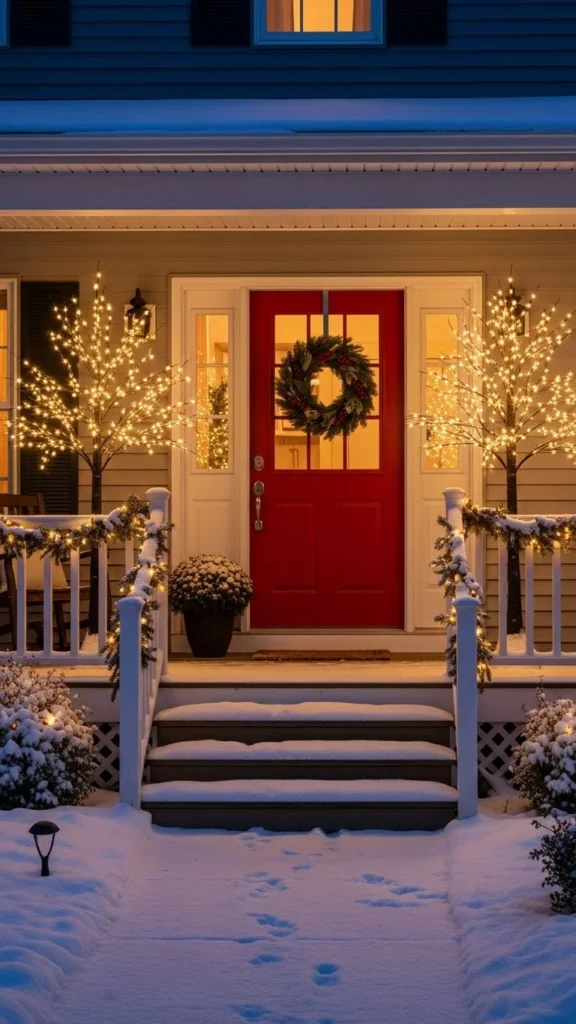 Twin Pre-Lit Christmas Trees by the Door