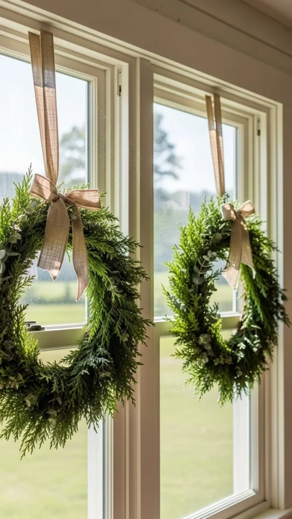 Window Wreaths with Linen Ribbon