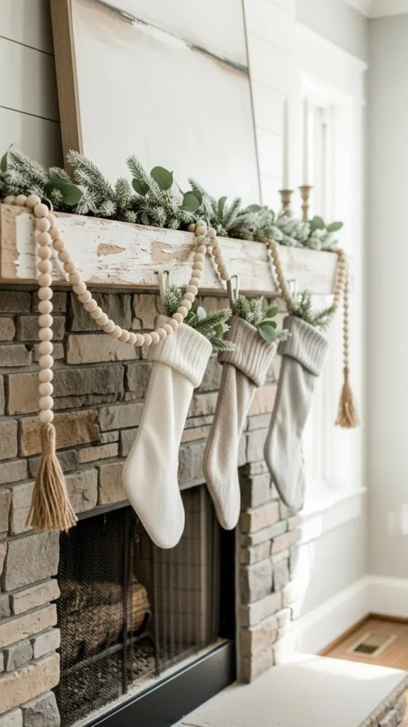 Wood Bead Garland on the Mantel